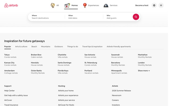 The airbnb homepage