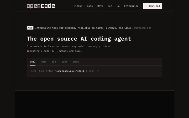 The opencode ai homepage