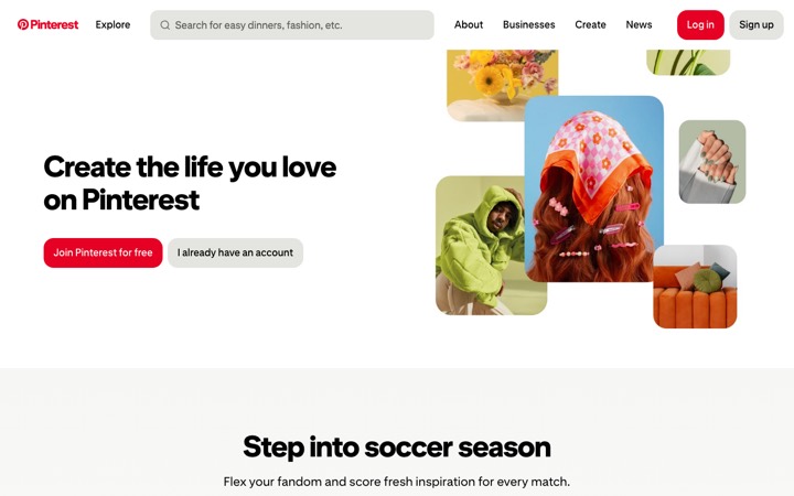 The pinterest homepage