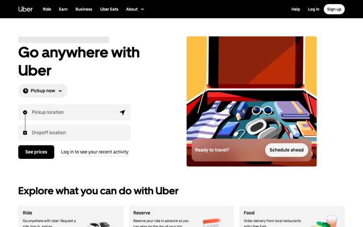 The uber homepage