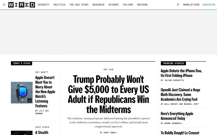 The Wired homepage
